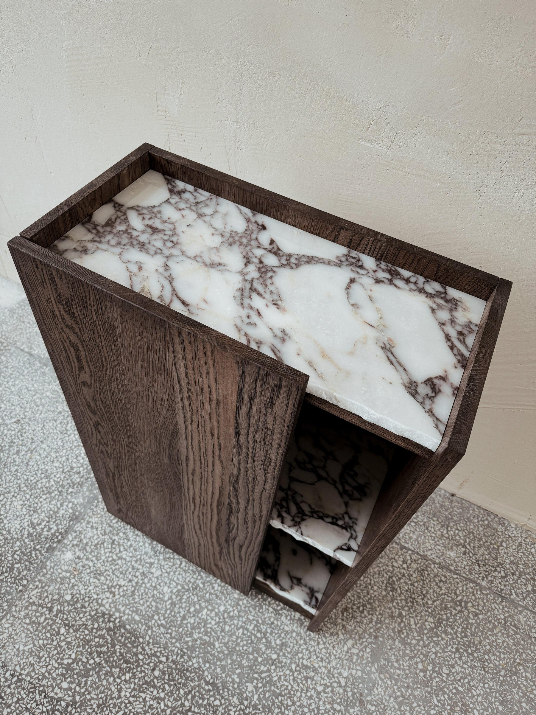 dark oak wood PAVO cabinet with marble shelves, EDGE collection, handmade by Un'common